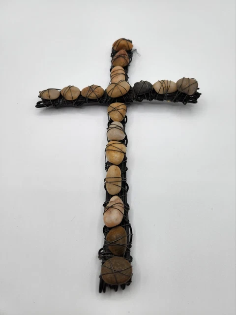 Hand Made Wire Wrapped Stones / Folk Art Wall Cross 11 X 7.5 Inches