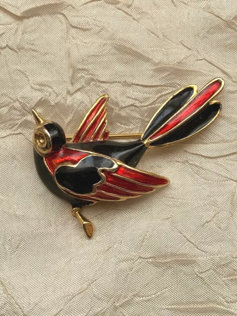 Schöne Vintage Französisch Paradies Vogel Brosche - Blau & Rote Emaille