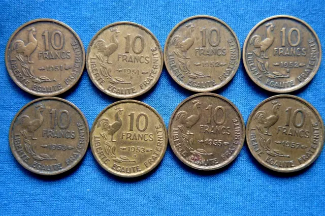 10  FRANCS. 1951 à 1957.  GUIRAUD.   Lot  de 8 pièces, voir détail !!!