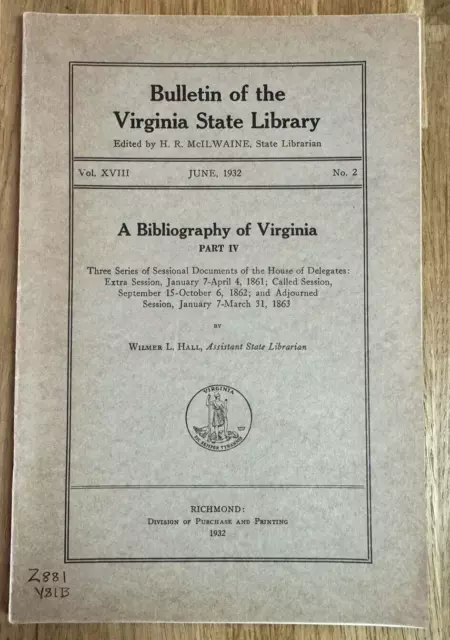 1932 Bibliography Virginia House of Delegates Documents 1861-63 CSA Civil War