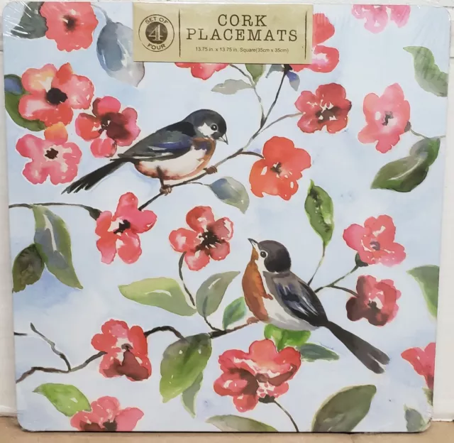 SET OF 4 HARD SQUARE PLACEMATS WITH CORK BACK(13.75" x 13.75")BIRDS & FLOWERS,BM