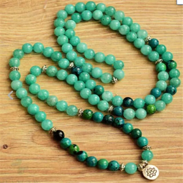 6mm 108 beads green jade mala bracelet lotus Buddha pendant Reiki Natural