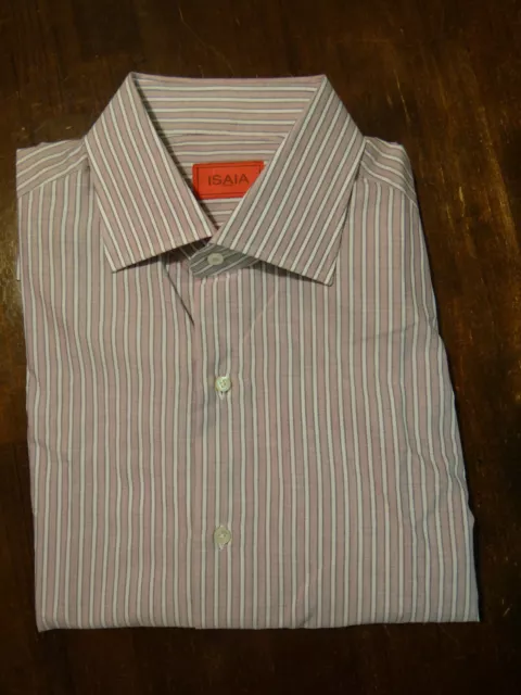 NWT Isaia Napoli Pink Gray White Striped Dress Shirt 15.75/40 $450 Italy