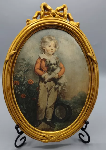 🍀Ancien cadre en bois oval, portrait d'un petit garçon et son chien, tissu soie