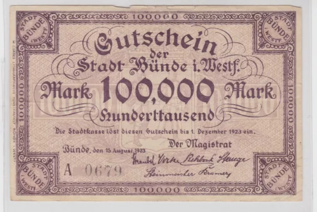 100000 Mark Banknote Inflation Stadt Bünde in Westfalen.15.8.1923 (135663)