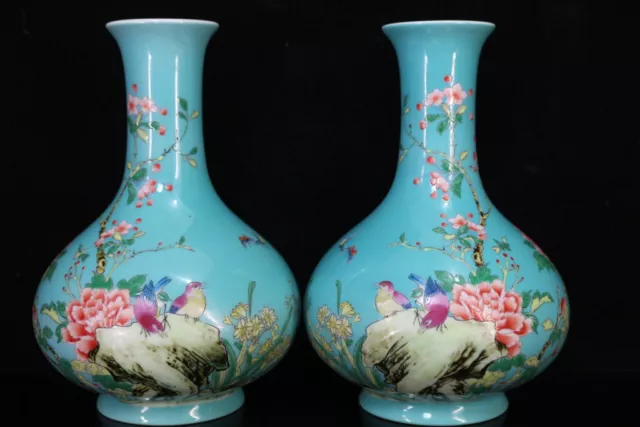 A Pair Chinese Pastel Porcelain Hand-Painted Flower&Bird Vase 19223