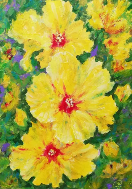 Original Acrylic Painting Flowers Abstract Modern Art Yellow Hibiscus Artwork