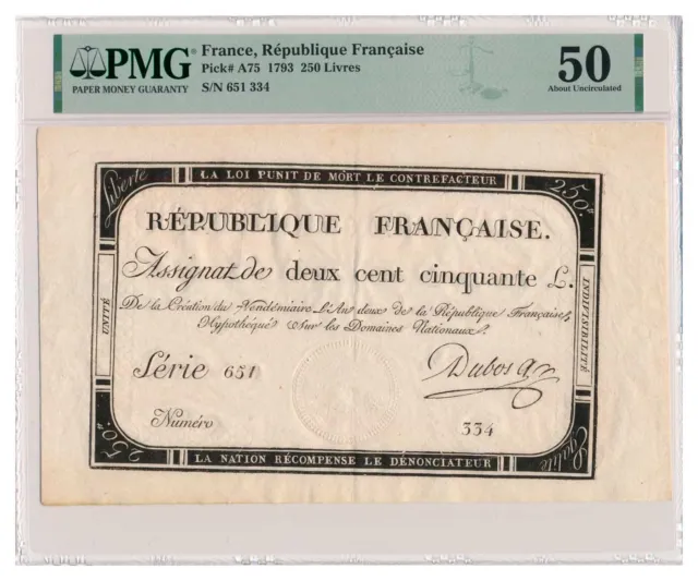 FRANCE banknote 250 Livres 1793 PMG grade AU 50 About Uncirculated