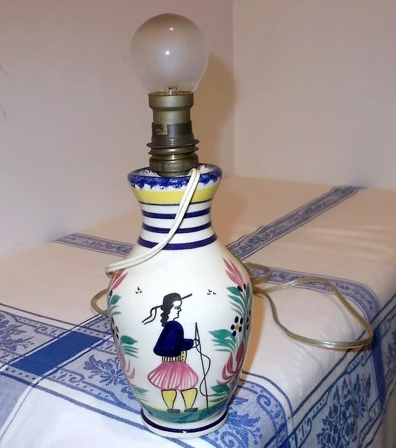 Ancienne Lampe Hb Quimper Decors Fleurs Personnage /No Ancien Bol Assiette Vase