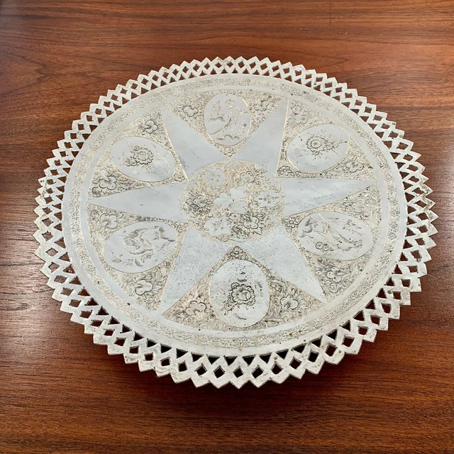 Persian 840 Silver Salver Reticulated Rim Traditional Hand Chased Birds, Florals