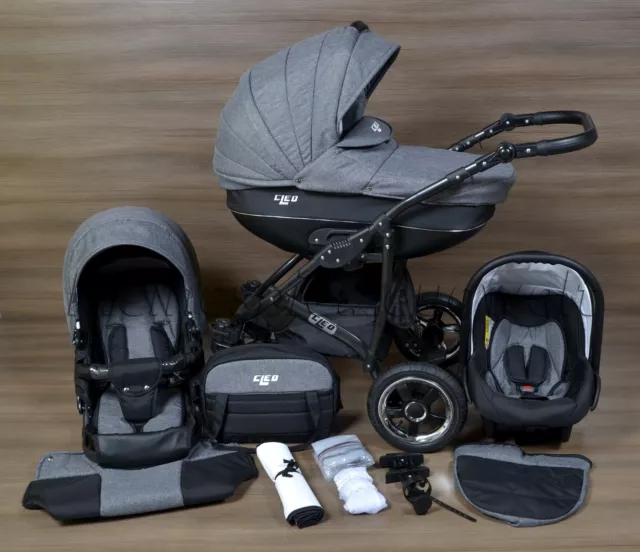 Kinderwagen CLEO 4 in 1 Komplettset - grau/schwarz R1 mit Isofix-Basisstation