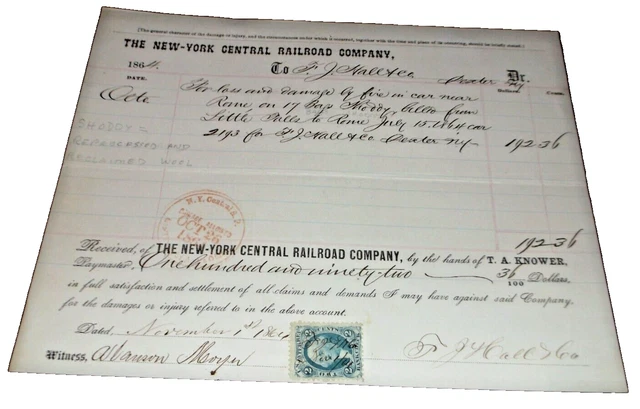 July 1864 Nyc New York Central Railroad Freight Claim Little Falls Rome New York