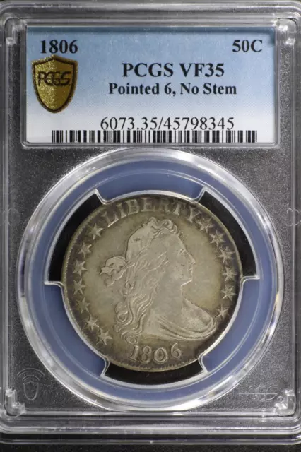 1806 Draped Bust Half Dollar, Pointed 6 No Stem Variety PCGS VF35!!! RARE COIN!!