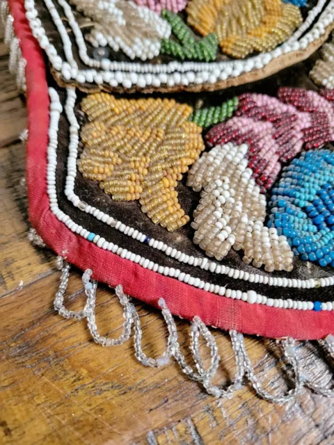 Vintage c.1860s Native American Iroquois Beaded Floral Purse Bag 7" x 7" 3