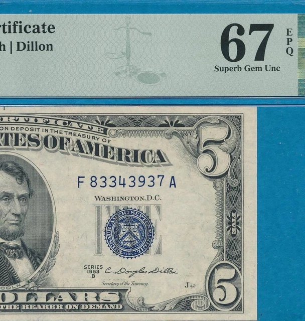 $5.00 1953-B  Blue Seal Silver Certificate  Pmg Superb Gem New 67Epq