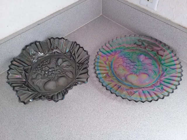 Two (2) Vintage FEDERAL GLASS Iridescent “Pioneer” Fruit Pattern Dishes
