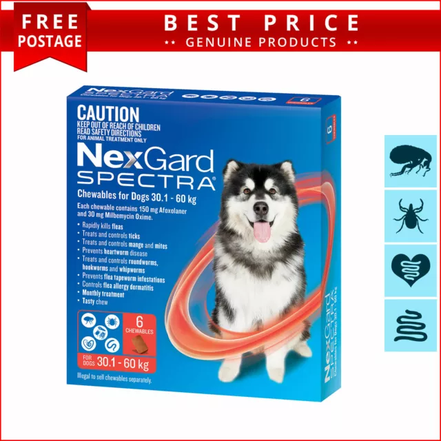 NEXGARD SPECTRA 30.1 to 60 Kg RED Heartworm Flea treatment 6 Doses for Dogs