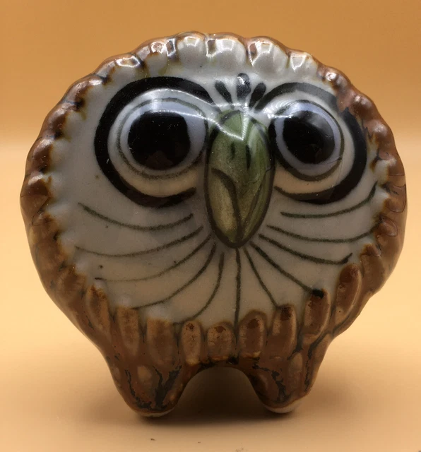 Vintage Tonala Folk Art Pottery Owl Bird Animal Figurine Mexico Brown Glazed