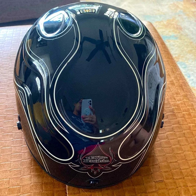 Vintage Harley Davidson Motorcycle Half Helmet White Flames.