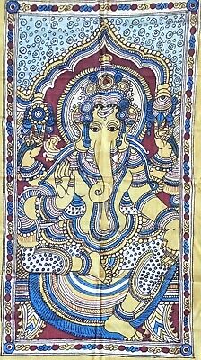 Kalamkari Ganesha Painting Handmade Indian Ethnic Folk Cotton Fabric Design Art