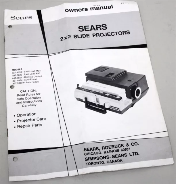 Genuine SEARS 2x2 SLIDE PROJECTOR OWNERS MANUAL INSTRUCTION BOOK