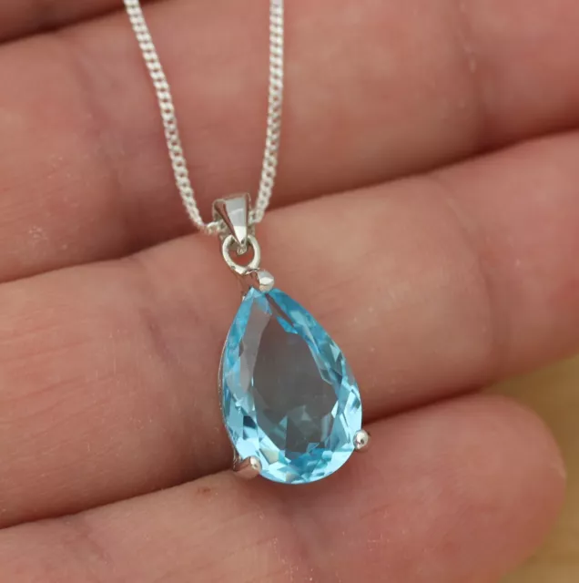 Natural Blue Topaz Large Teardrop 925 Sterling Silver Pendant Necklace 18 Inch