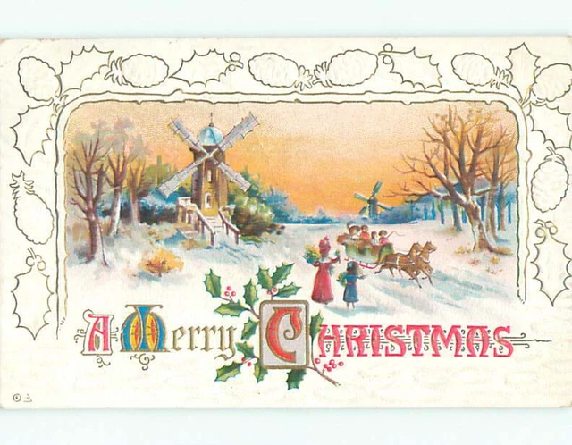 Pre-Linen christmas GIRL AND MOM WATCH HORSE-DRAWN SLEIGH PASS BY k1571