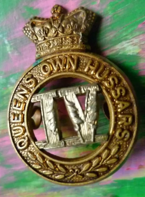 VICTORIAN 4th Queens Own Hussars Cap Badge QVC Bi-Metal 2 Lugs ANTIQUE Original