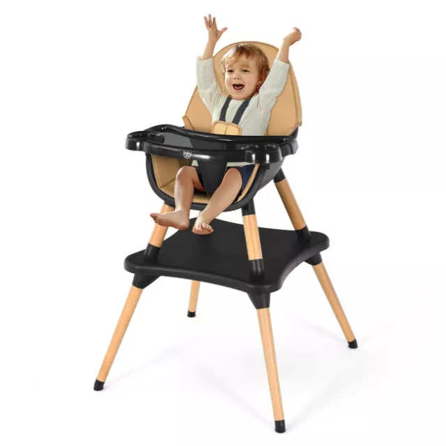 Baby 5-in-1 High Chair Infant Wooden Convertible Chair 5-Point Seat Belt Coffee Baby 5-in-1 High Chair Infant Wooden Convertible Chair 5-Point Seat Belt Coffee