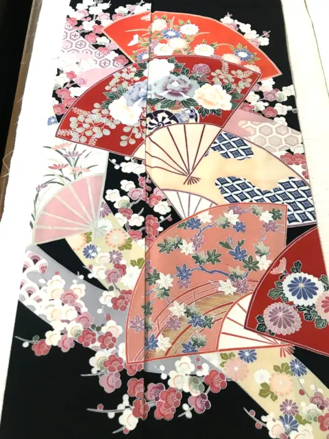 @@ Japanese kimono silk fabric/ tomesode black/ folding fans FX69