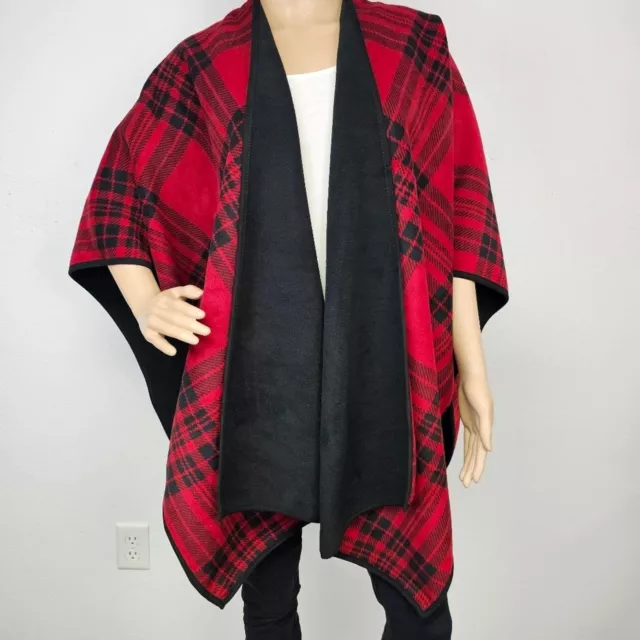 Woolrich Reversible Fleece Blanket Wrap Poncho Red & Black Plaid Scottish EUC