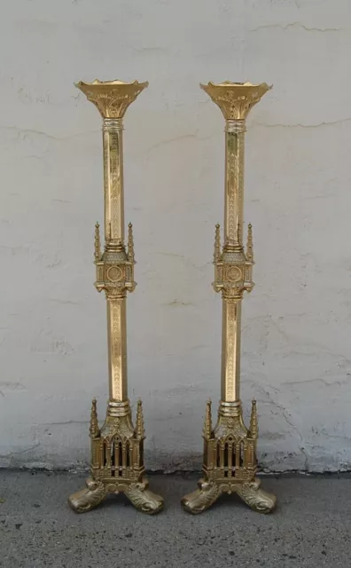 Pair Of 40" Brass Gothic Church Altar Or Processional Candlesticks - #61A 2