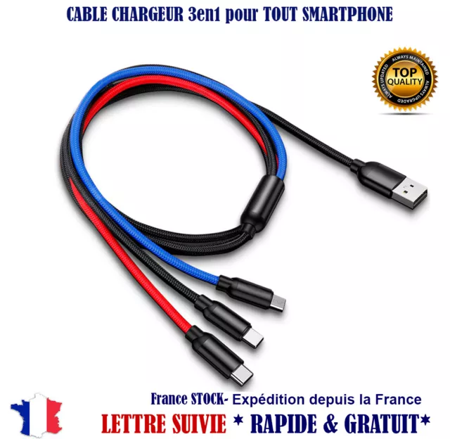 Cable 3en1 chargeur Type-C Micro-usb iPhone android Samsung LG Sony HT TOUS