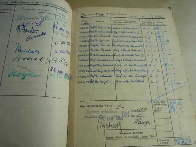 Studienbuch Elektrotechnik TU BERLIN 1954-60, viele Signaturen Wissenschaftler