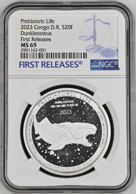 2023 Congo D.r. 20F  1 Oz $2 Prehistoric Life : Dunkleosteus Ngc Ms69 Fr Silver