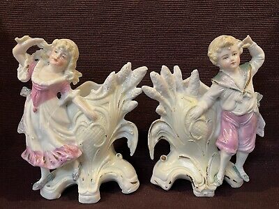 2 Antique German Carl Schneider Bisque Porcelain Girl and Boy Figurine Vase