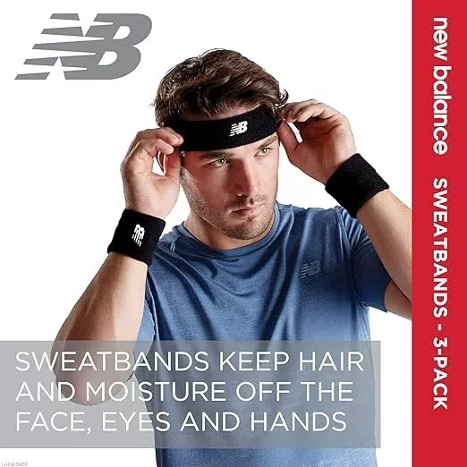 New Balance Sweatbands 3-Pack (1 Headband & 2 Wristbands) Black/White Brand New