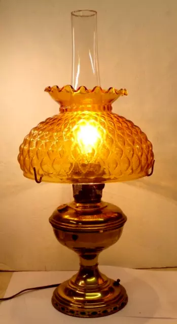 ALADDIN No 9 Brass Oil Lamp Converted + Chimney + FENTON? Amber Quilted Shade