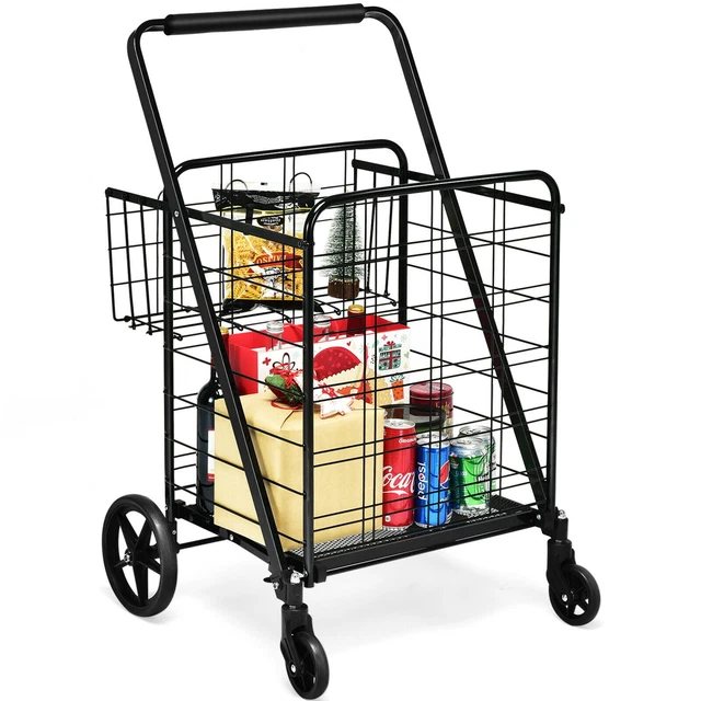 Gymax 330lbs Heavy Duty Folding Shopping Cart Utility Jumbo Double Basket Black