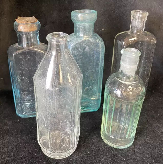 Group of Vintage Chemist Apothecary Bottles including POISON, Pyrex Baby Bottle