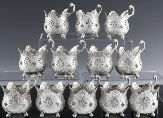 Fine Set 12 Older Middle Eastern 875 Grade Solid Silver Tea Glass Cup Holders #2