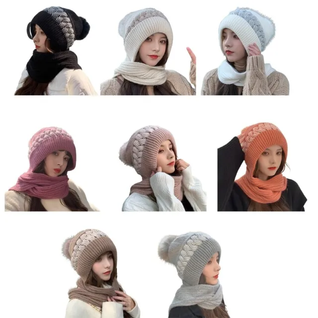 Winter Women Girl Wool Jumper Warm Knit Hat Integrated Plush Thick Scarf Outdoor