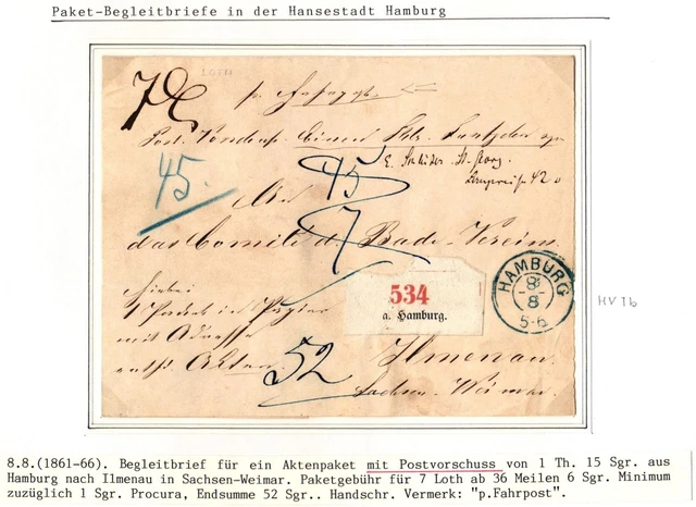 Hamburg Paketbegleitbrief Postvorschuss Aufgabezettel Vermerk. p.Fahrpost #IB844