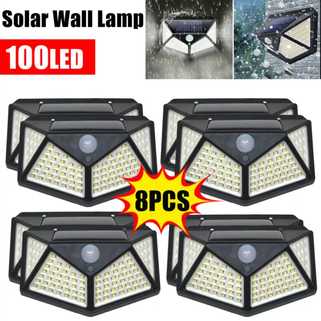 8X Solar Power 100 LED Light PIR Motion Sensor Outdoor Garden Wall Security Lamp