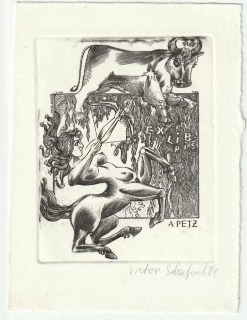 VICTOR SCHAPIEL: erotisches Exlibris für A. Petz, Sternbilder, Centaur, Stier