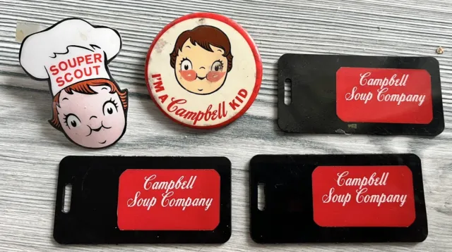 5 Campbell Soup Kids Items Pins Souper Scout Keychains Vintage