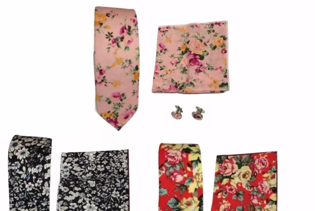 Retro Men Cotton Necktie Neck Tie Floral Paisley Flower Rose Cufflinks Hanky Set