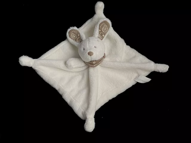 Doudou carré plat Lapin blanc foulard bandana marron taupe Nicotoy Simba