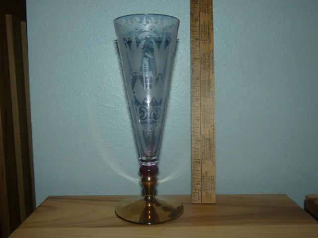 Egermann? Bohemian Czech Republic? Etched Purple Gold & Red Pilsner Glass 8"