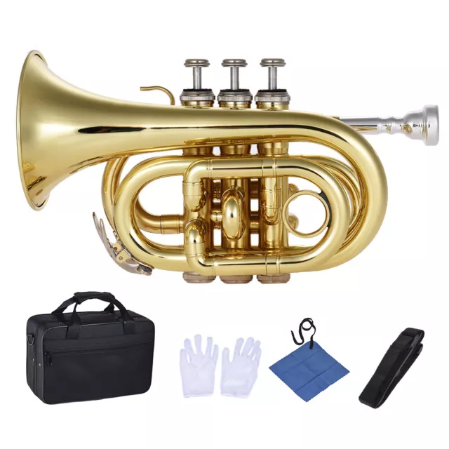 Bb Pocket Trumpet B Flat Key Brass Band Trumpet Instrument with Carry Case B2J5